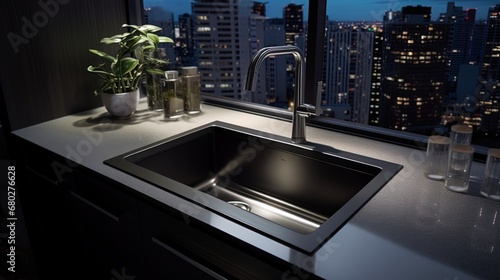 Undermount kitchen cabinet installation: A black single stainless steel sink, viewed from a first-p.