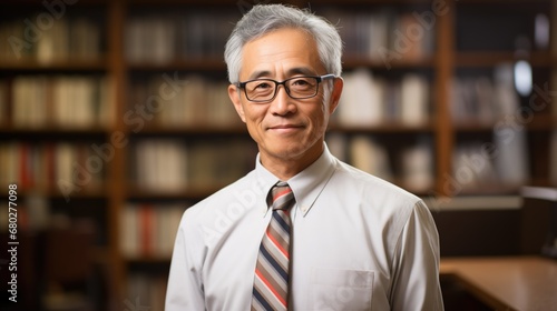 a successful confident asian male office worker standing and looking at the camera in a formal suit in office