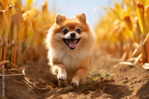 Headshot portrait photography of a funny pomeranian running against corn mazes background. With generative AI technology © Markus Schröder