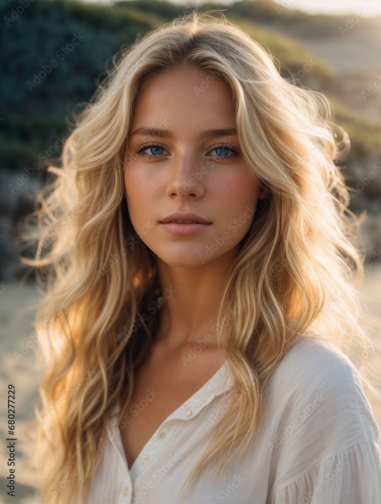 Photorealistic portrait of a 18-year-old girl with blonde hair, blue eyes, and white clothes. Natural and approachable expression at golden-hour. High-resolution, 85mm lens, 4K, Generative AI Photorealistic portrait of a 18-year-old girl with blonde hair, blue eyes, and white clothes. Natural and approachable expression at golden-hour. High-resolution, 85mm lens, 4K, Generative AI