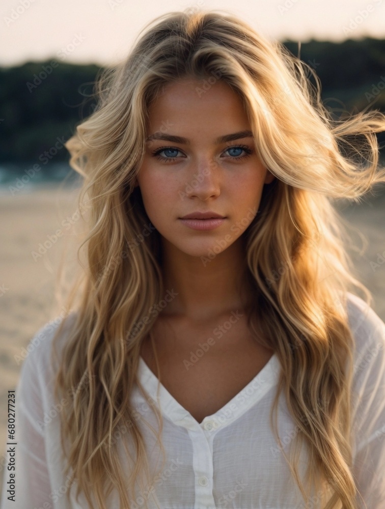 Photorealistic portrait of a 18-year-old girl with blonde hair, blue eyes, and white clothes. Natural and approachable expression at golden-hour. High-resolution, 85mm lens, 4K, Generative AI