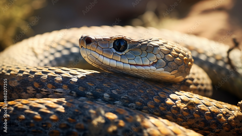 A coiled snake basking on a sun-warmed rock, AI Generative. A coiled snake basking on a sun-warmed rock, AI Generative.