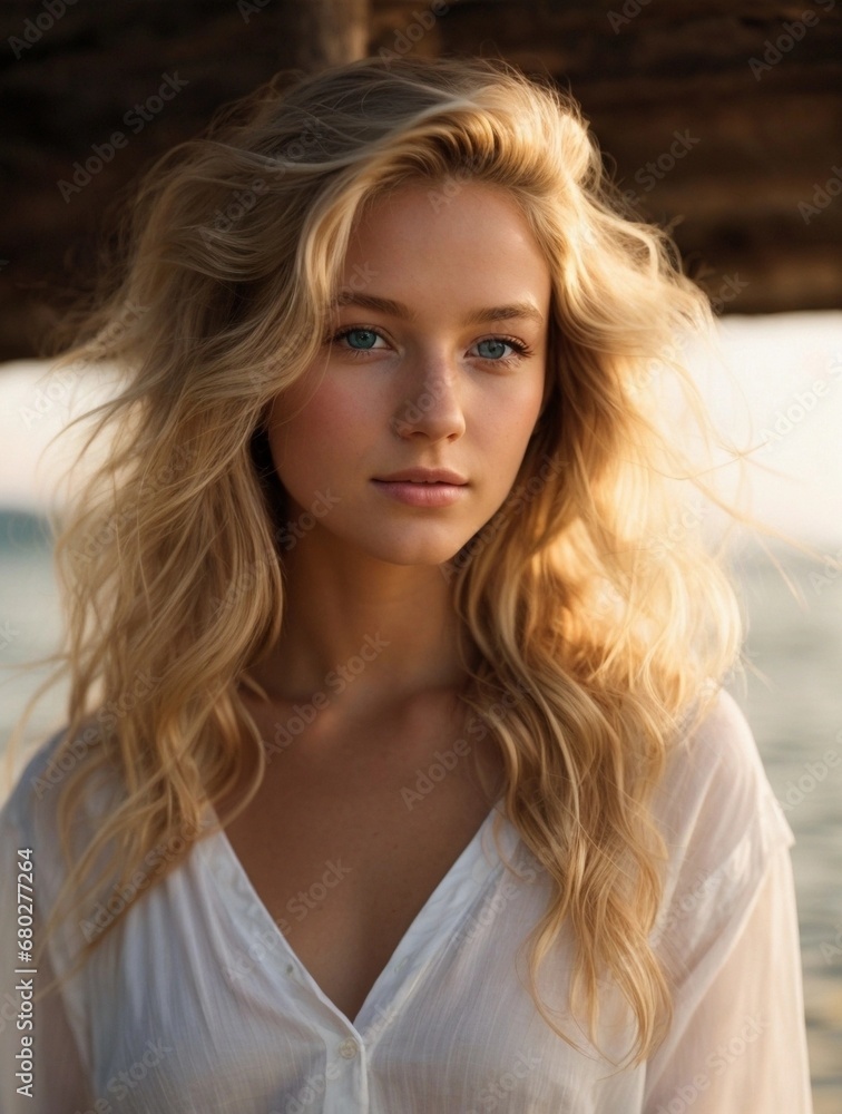 Photorealistic portrait of a 18-year-old girl with blonde hair, blue eyes, and white clothes. Natural and approachable expression at golden-hour. High-resolution, 85mm lens, 4K, Generative AI Photorealistic portrait of a 18-year-old girl with blonde hair, blue eyes, and white clothes. Natural and approachable expression at golden-hour. High-resolution, 85mm lens, 4K, Generative AI