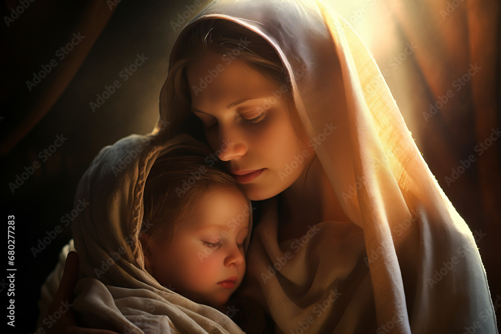 Christmas nativity portrait of Mary with the baby Jesus in her arms Christmas nativity portrait of Mary with the baby Jesus in her arms