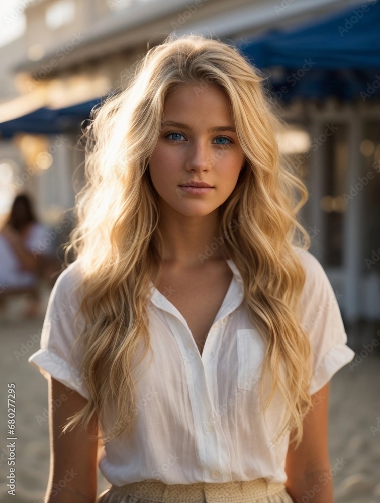 Photorealistic portrait of a 18-year-old girl with blonde hair, blue eyes, and white clothes. Natural and approachable expression at golden-hour. High-resolution, 85mm lens, 4K, Generative AI