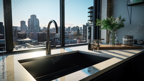 First-person view of undermount sink installation  Black single stainless steel in a high-rise apar.