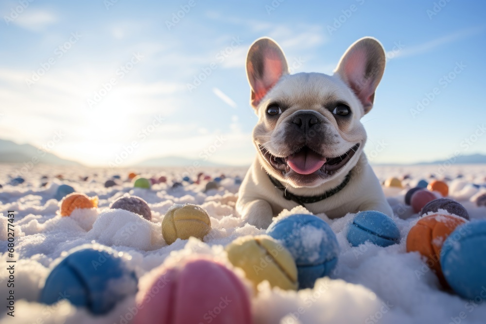 Close-up portrait photography of a happy french bulldog playing with toys against salt flats background. With generative AI technology