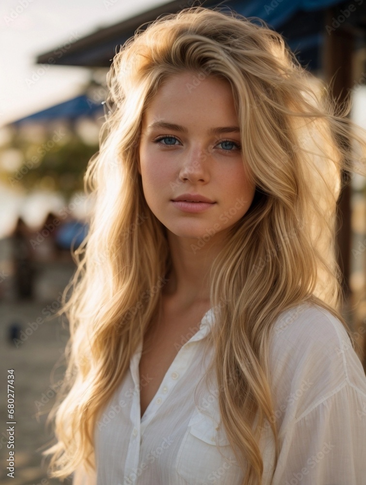 Photorealistic portrait of a 18-year-old girl with blonde hair, blue eyes, and white clothes. Natural and approachable expression at golden-hour. High-resolution, 85mm lens, 4K, Generative AI Photorealistic portrait of a 18-year-old girl with blonde hair, blue eyes, and white clothes. Natural and approachable expression at golden-hour. High-resolution, 85mm lens, 4K, Generative AI