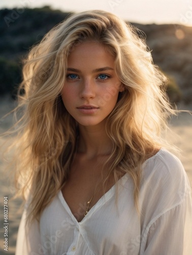 Photorealistic portrait of a 18-year-old girl with blonde hair, blue eyes, and white clothes. Natural and approachable expression at golden-hour. High-resolution, 85mm lens, 4K, Generative AI