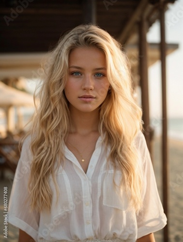Photorealistic portrait of a 18-year-old girl with blonde hair, blue eyes, and white clothes. Natural and approachable expression at golden-hour. High-resolution, 85mm lens, 4K, Generative AI