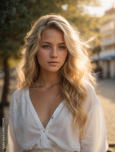 Photorealistic portrait of a 18-year-old girl with blonde hair, blue eyes, and white clothes. Natural and approachable expression at golden-hour. High-resolution, 85mm lens, 4K, Generative AI