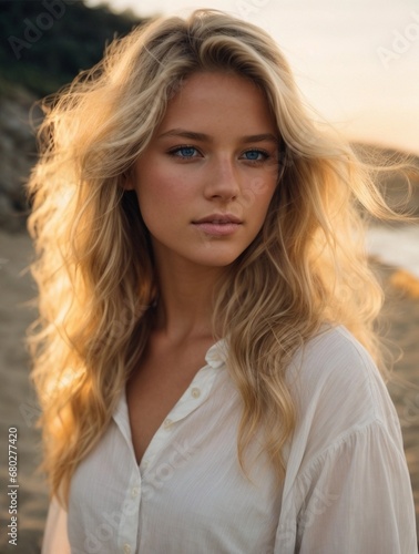 Photorealistic portrait of a 18-year-old girl with blonde hair, blue eyes, and white clothes. Natural and approachable expression at golden-hour. High-resolution, 85mm lens, 4K, Generative AI