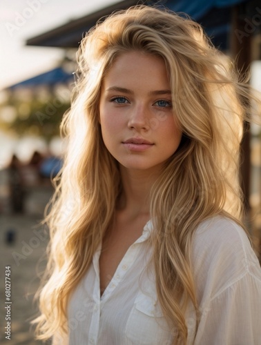 Photorealistic portrait of a 18-year-old girl with blonde hair, blue eyes, and white clothes. Natural and approachable expression at golden-hour. High-resolution, 85mm lens, 4K, Generative AI