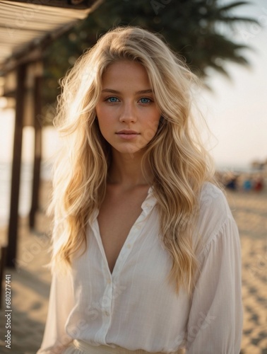 Photorealistic portrait of a 18-year-old girl with blonde hair, blue eyes, and white clothes. Natural and approachable expression at golden-hour. High-resolution, 85mm lens, 4K, Generative AI
