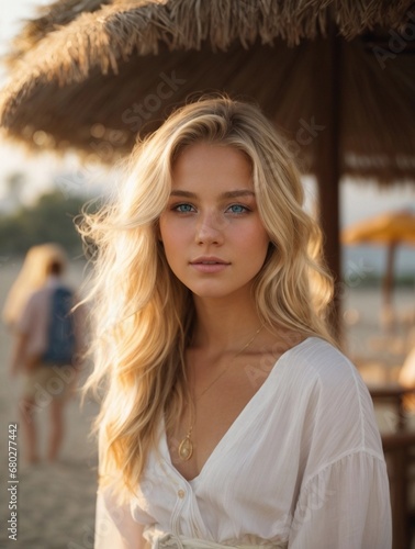 Photorealistic portrait of a 18-year-old girl with blonde hair, blue eyes, and white clothes. Natural and approachable expression at golden-hour. High-resolution, 85mm lens, 4K, Generative AI