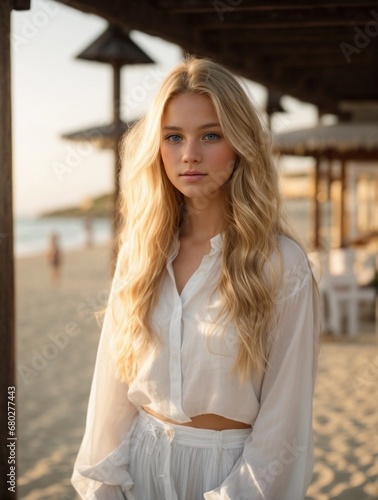 Photorealistic portrait of a 18-year-old girl with blonde hair, blue eyes, and white clothes. Natural and approachable expression at golden-hour. High-resolution, 85mm lens, 4K, Generative AI