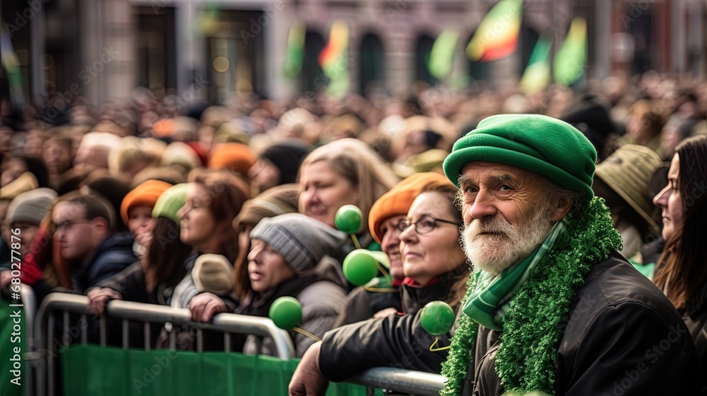 Naklejka premium Saint Patrick's Day parade in Dublin, green hats captured.