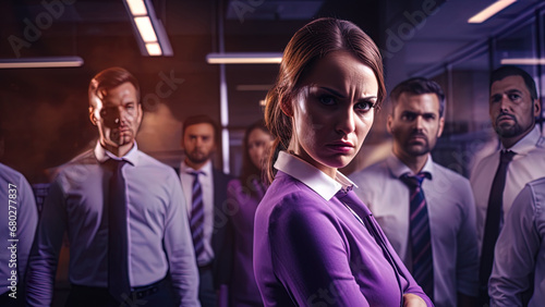 Photo-realistic image of employees looking angry with an air of superiority, purple tones.