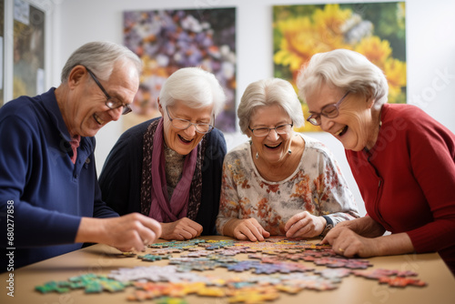 Senior Friends Laughing Together While Playing Puzzles
