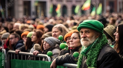Saint Patrick's Day parade in Dublin, green hats captured.