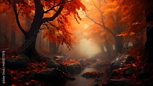 autumn forest in the fog and misty weather leaves fallen