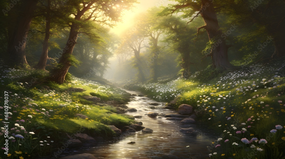 sun rays in the forest landscape river