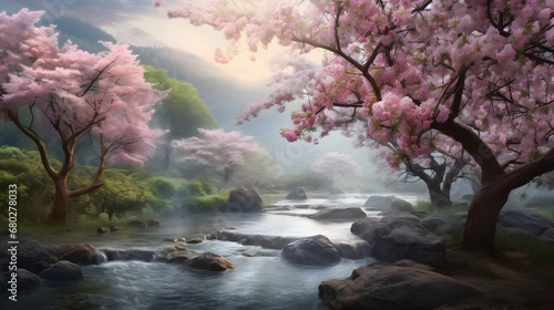 cherry trees fallowing river green grace beautiful  landscape photo