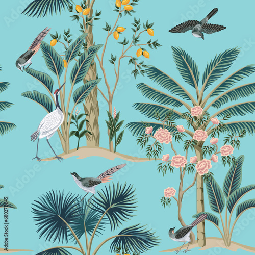 Chinese rose tree, lemon tree, tropical palms, plants, birds seamless pattern. Chinoiserie vintage wallpaper. 