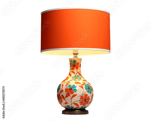 Mid century table lamp isolated on a white background. vintage lamp with colorful orange shade and painted solid wood floral base 	