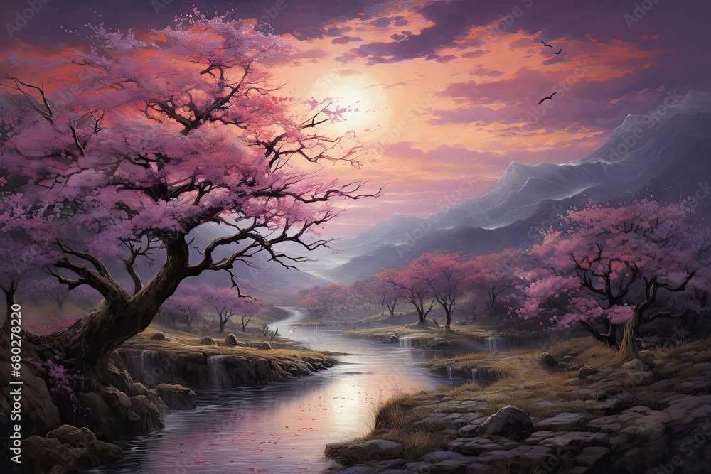  a painting of a river surrounded by trees with a bird flying in the sky and a sunset in the background.