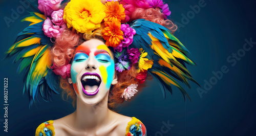 Funny redheaded woman with feathers and flowers in her hair, painted face on a blue background with copy space