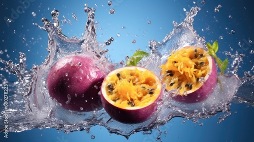  a couple of pieces of fruit with water splashing around them on a blue background with a splash of water.