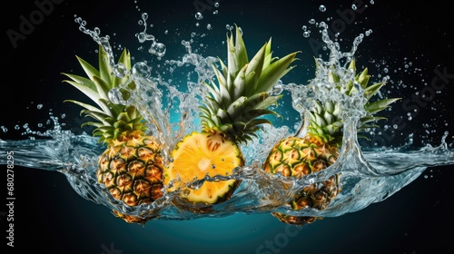  a group of pineapples splashing into a body of water with a splash of water on top of them.