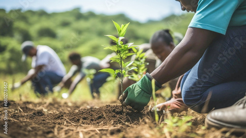 copy space  stockphoto  african people working on a reforestation project. Susainable project  reforestation theme. Volunteers working on a reforastation project. Envrionmental responsible. Preservati