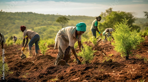 copy space, stockphoto, african people working on a reforestation project. Susainable project, reforestation theme. Volunteers working on a reforastation project. Envrionmental responsible. Preservati photo