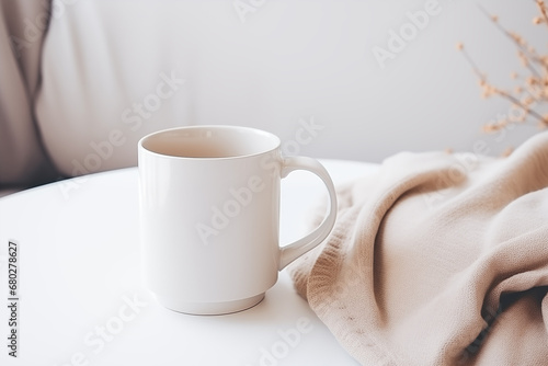 Hands holding a plan white blank mug cup, beige neutral rustric cottagecore, product display for sublimation minimal minimalist design photo