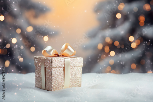 golden glitter wrapped christmas gift box with golden ribbons in background snow covered trees