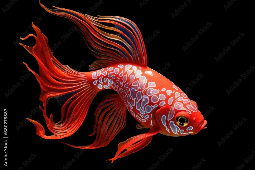  a red and black fish with white designs on it's body and a black back ground with a black background.