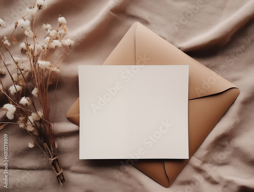 White blank greetings card, Christmas Birthday, beige neutral rustric cottagecore, product display for sublimation minimal minimalist design photo