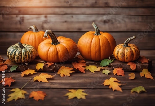 A colorful display of pumpkins and leaves sitting in a row on wooden background