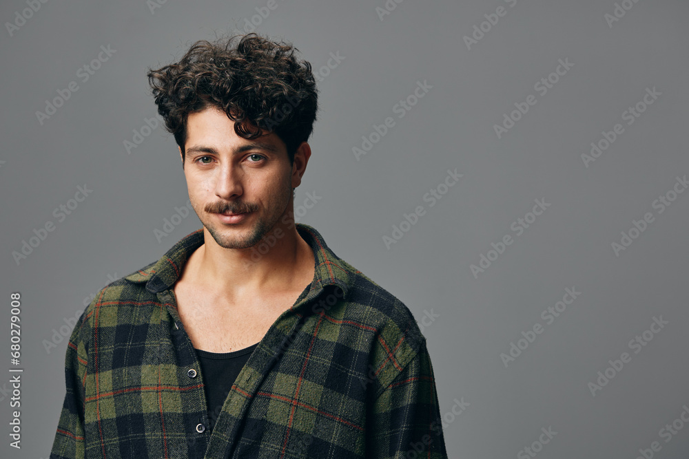 Obraz premium Smile man portrait model handsome face trendy fashion copyspace isolated shirt hipster