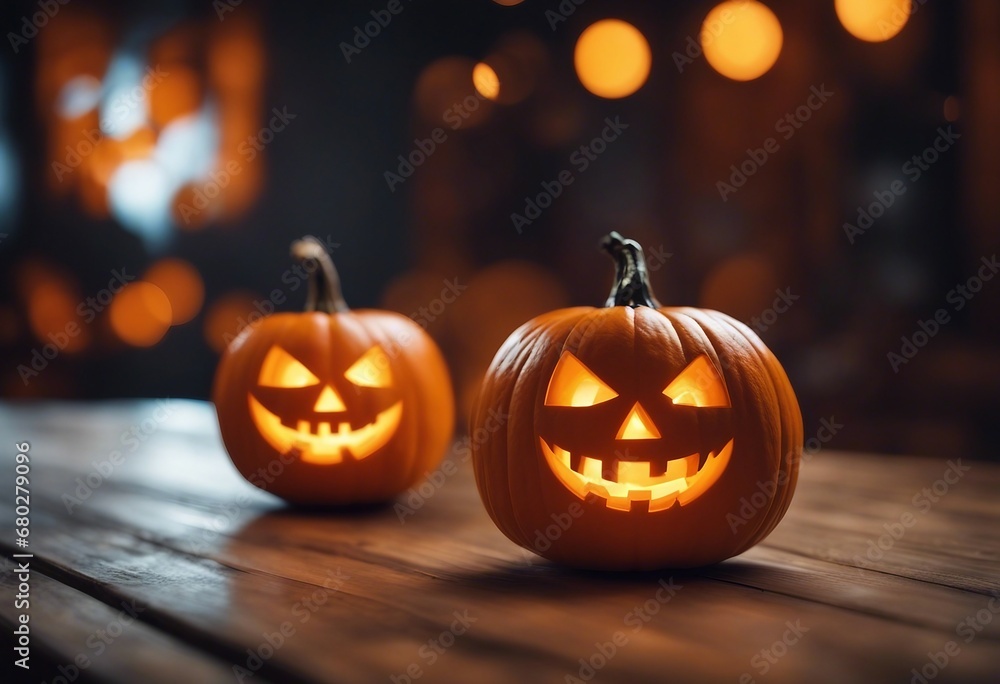 Halloween orange pumpkins on a wooden table on a bokeh glowing background copy space Halloween orange pumpkins on a wooden table on a bokeh glowing background copy space