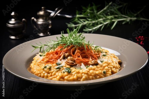  a white plate topped with macaroni and cheese and garnished with a sprig of rosemary.