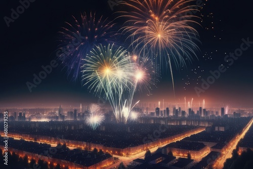 Vibrant fireworks against the city skyline