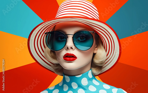 Portrait of a blonde woman in blue sunglasses wearing a red and white hat and blue polka dot  top with colorful background. 