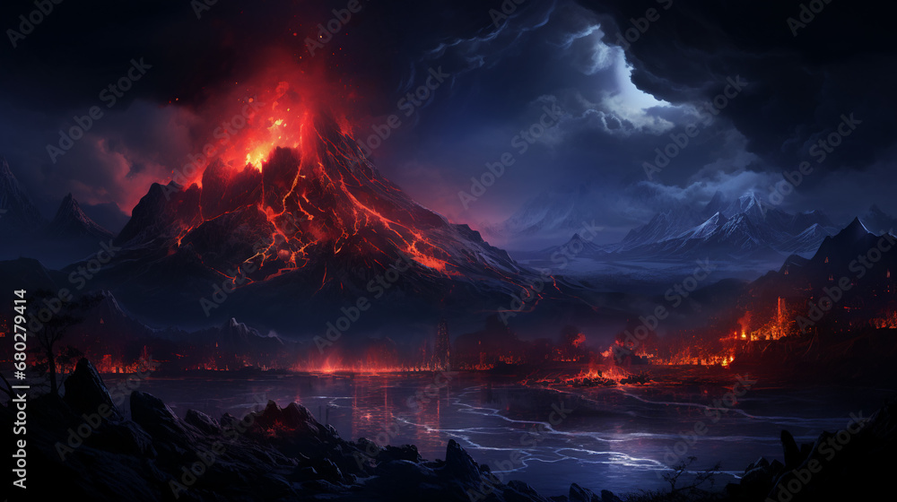 Lava landscape with volcano, AI Generative.