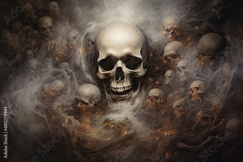  a painting of a skull surrounded by smoke and skulls on a black background with a white smoke cloud in the middle of the image.
