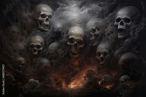  a painting of a bunch of skulls on a black background with a fire in the middle of the picture and smoke in the middle of the picture.