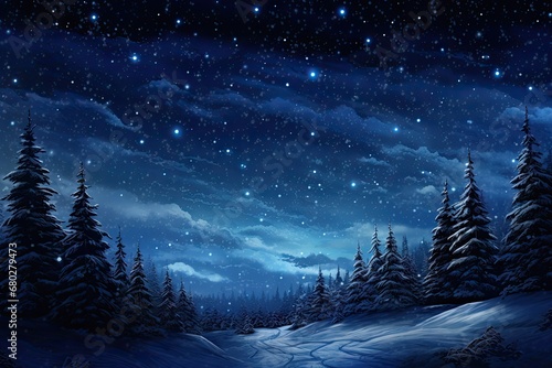  a painting of a snowy night with stars in the sky and trees in the foreground, and the moon in the distance.
