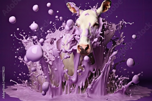  a cow that is standing in the water with purple paint on it's face and it's head sticking out of the water.